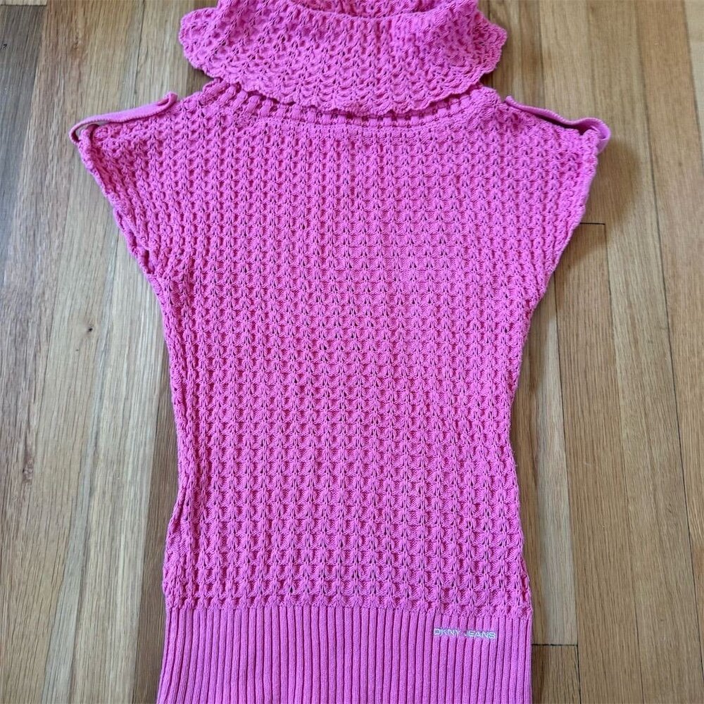 VTG DKNY JEANS XS Pink Sleeveless Turtleneck Sweater Vest crochet 90’s Y2K